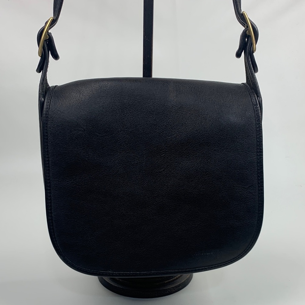 Vintage Black Leather Shoulder saddle Bag Gold buckle Raw lined Gold zipper